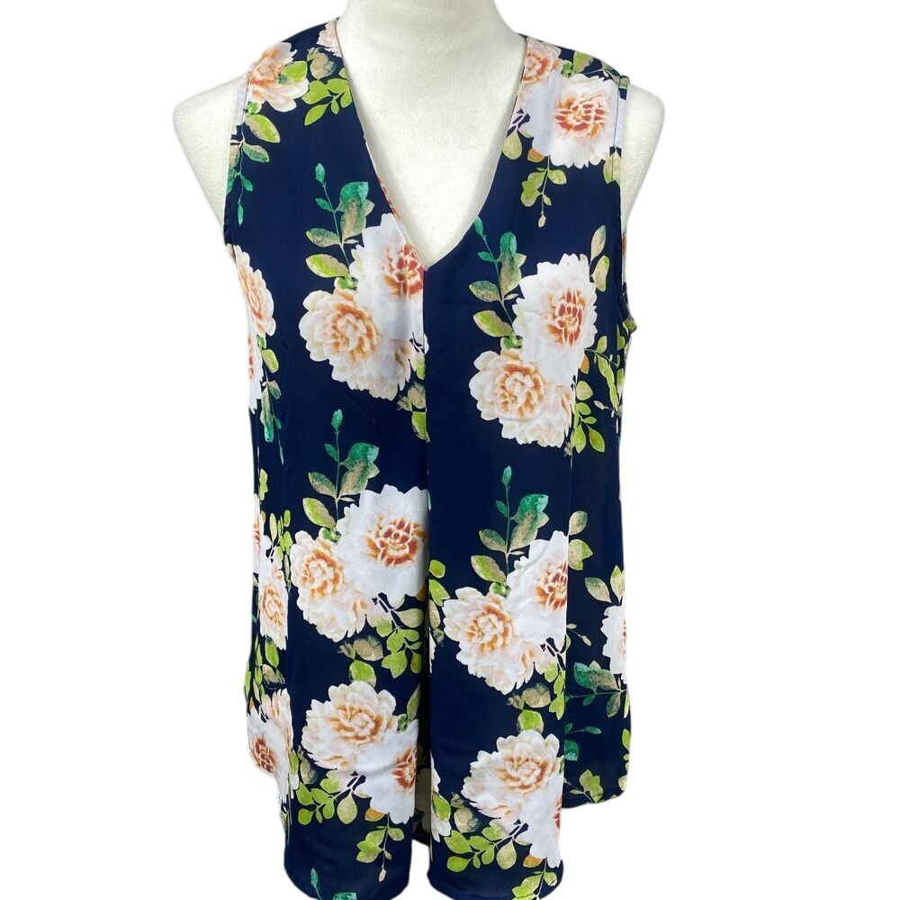 Rose + Olive Women's Medium Navy Floral Print Sleeveless Top‎ White Peach Roses